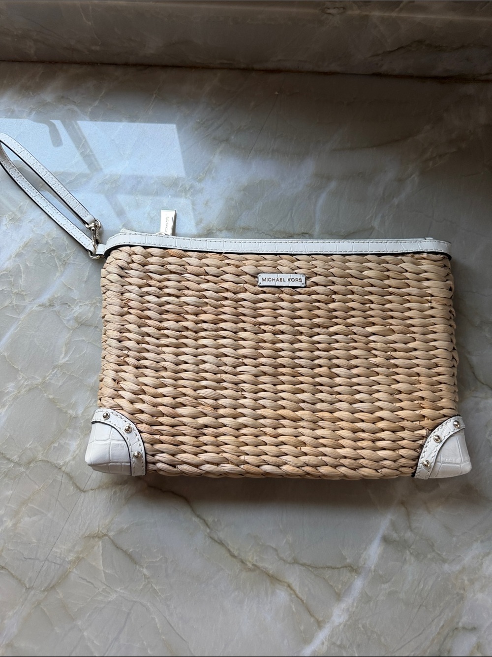 Michael Kors Natural Straw Wristlet with White Trim